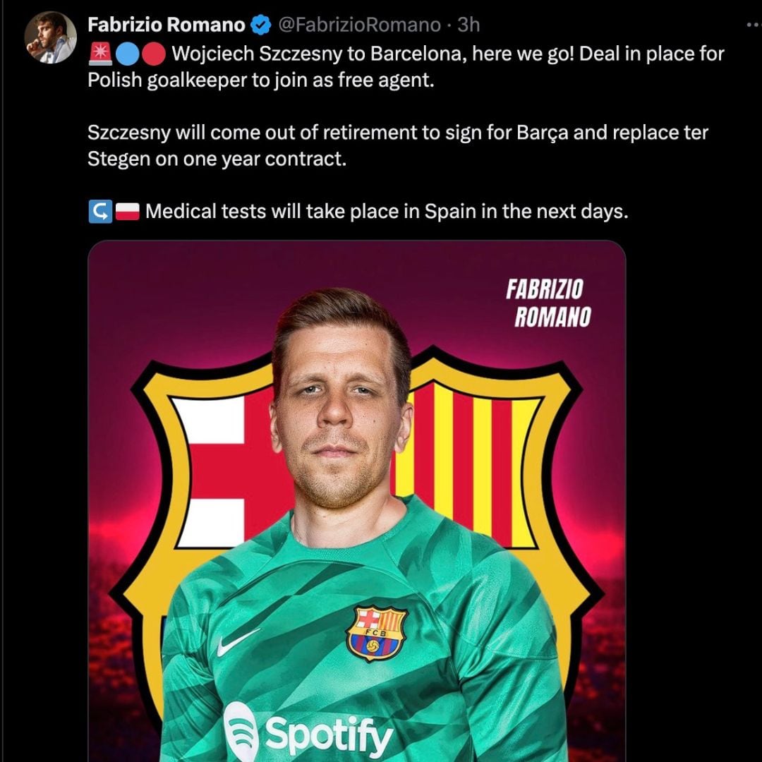 Wojciech Szczesny llegará gratis al FC Barcelona.