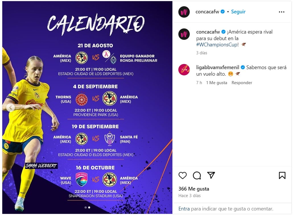 Calendario América Femenil en la Concacaf W Champions Cup.