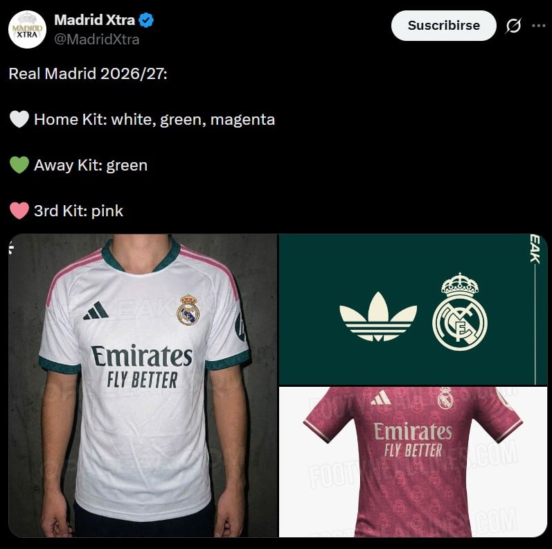 Filtran los nuevos jerseys del Real Madrid para la temporada 2026-27