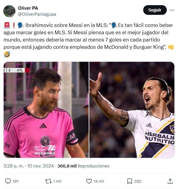 Tweet de sobre Messi y Zlatan