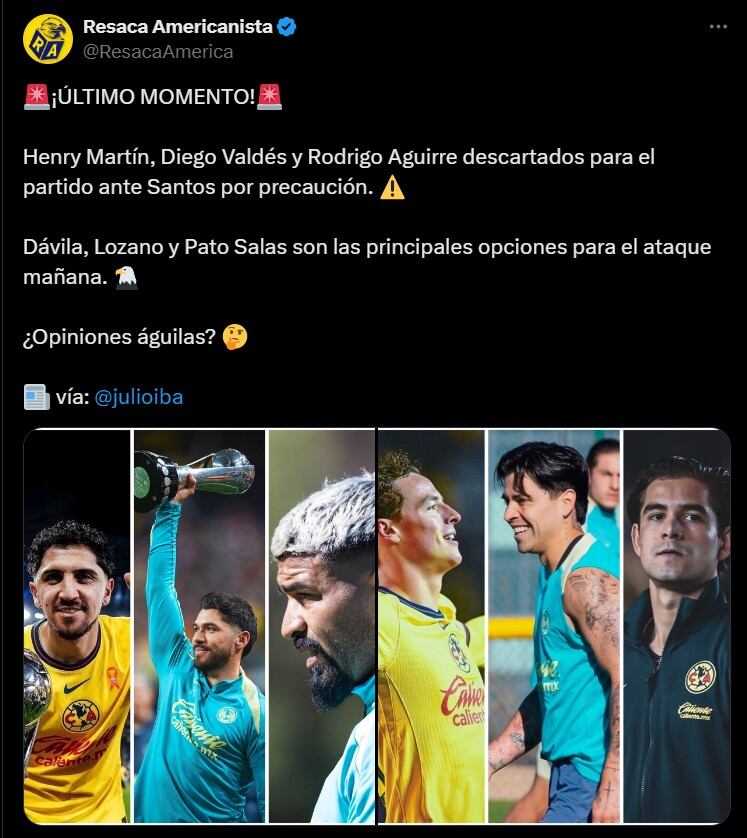 Bajas del América para enfrentar a Santos