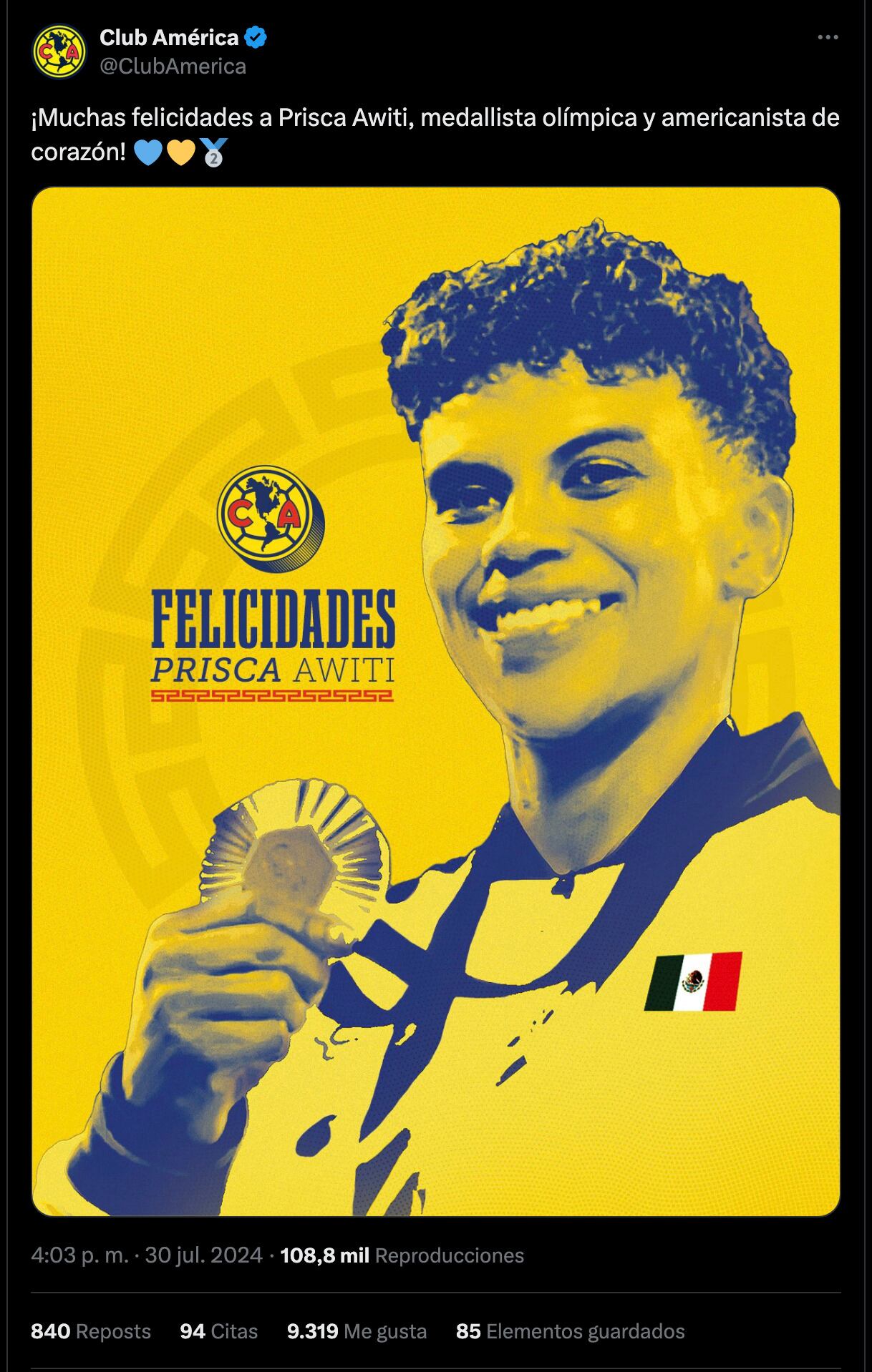 América felicita a Prisca Awiti.