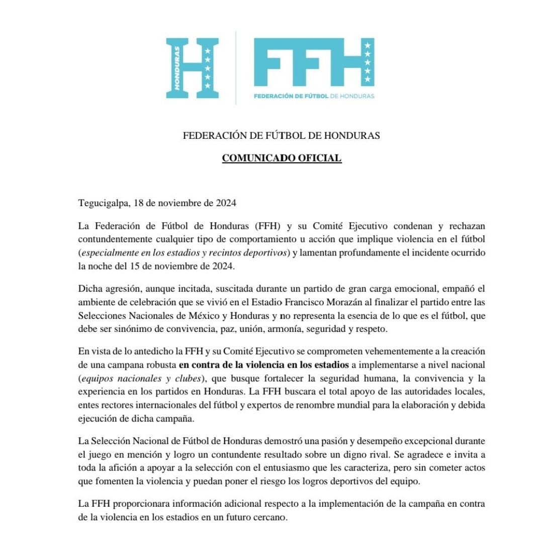 Comunicado de la Federación de Futbol de Honduras.