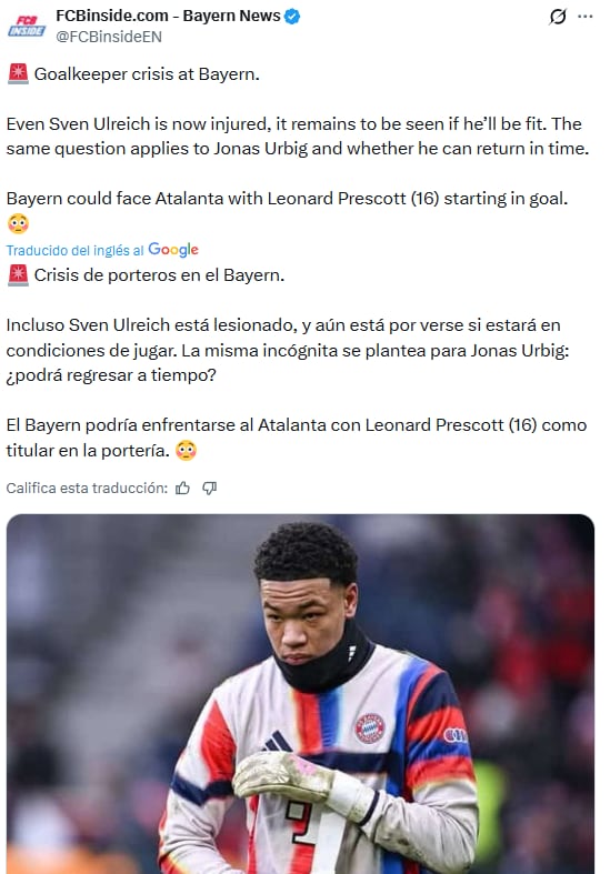 Bayern Múnich jugaría la vuelta de octavos de la Champions con portero de 16 años.