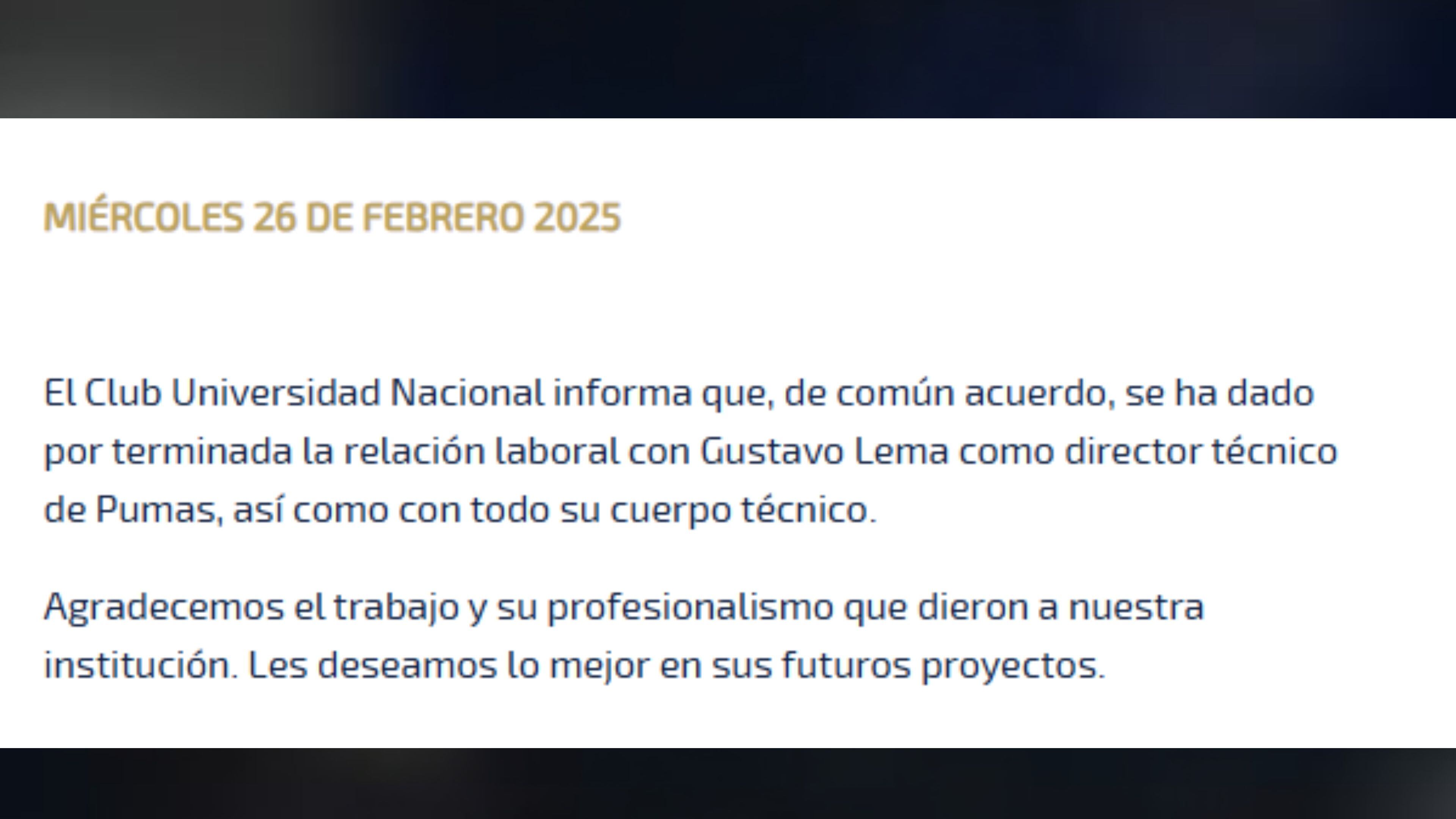 Comunicado de Pumas sobre Gustavo Lema.