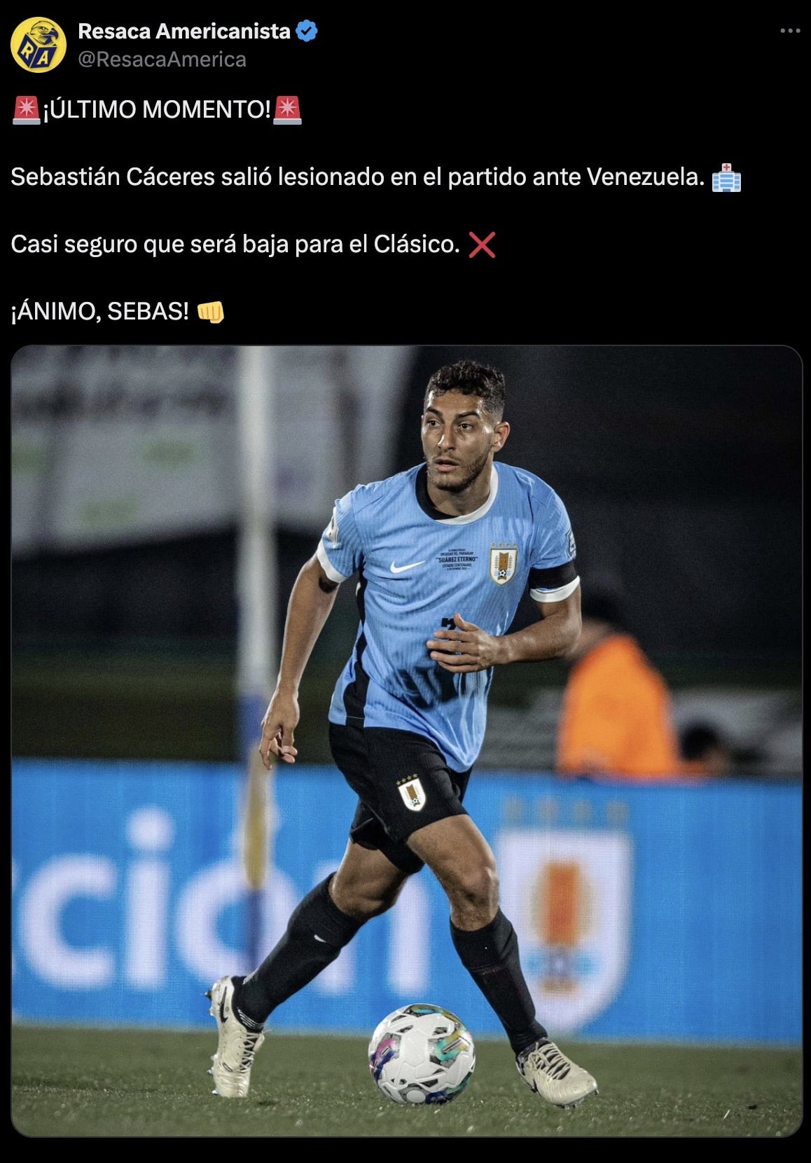 Sebastián Cáceres se lesiona con Uruguay