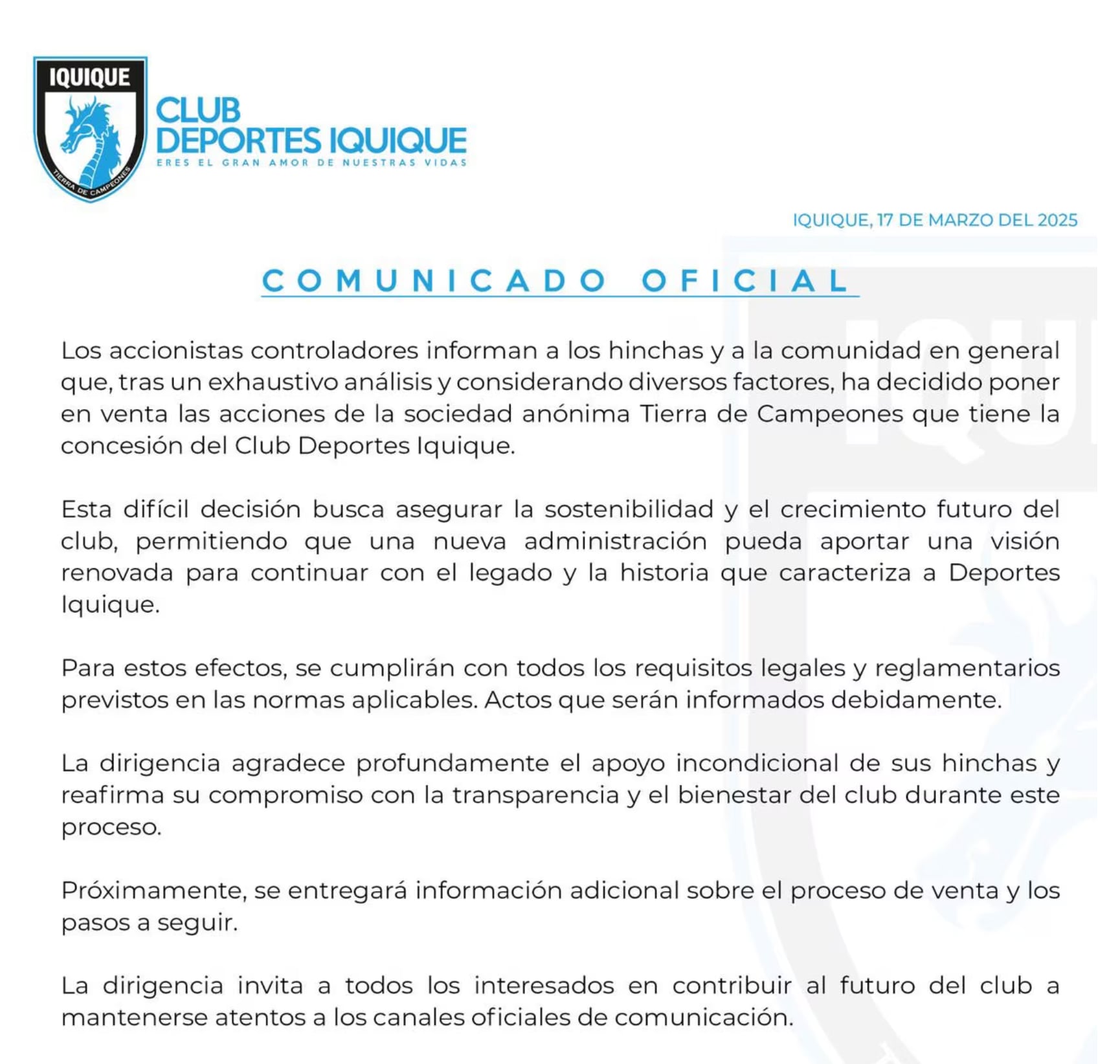 Comunicado del Deportes Iquique