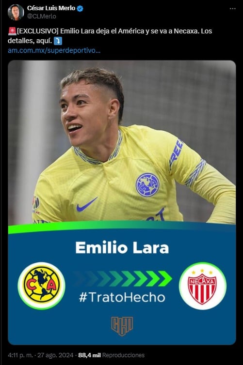 Emilio Lara se va a préstamo con Necaxa.