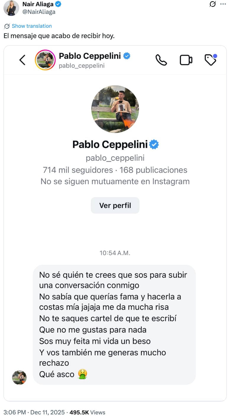 Nair Aliaga exhibe a Pablo Ceppelini.
