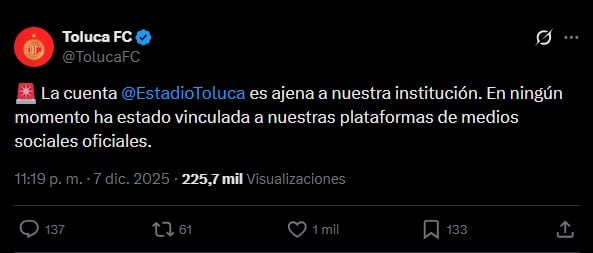 Tuit del Deportivo Toluca