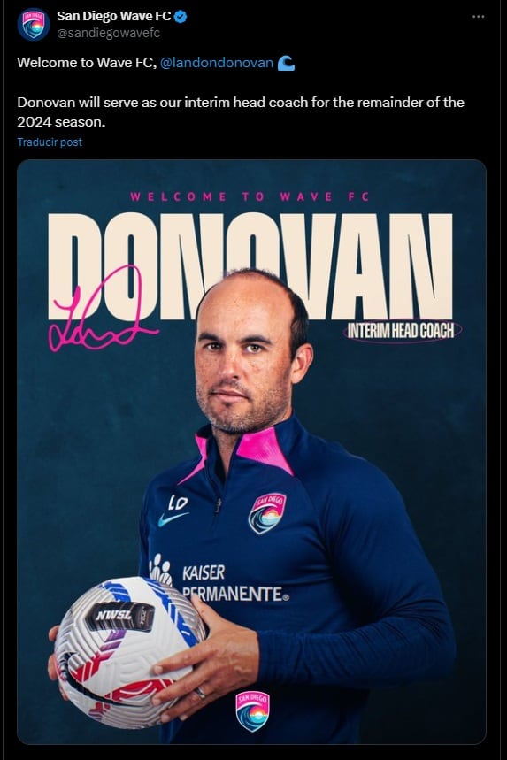 San Diego Wave FC anuncia a Landon Donovan como DT interino.