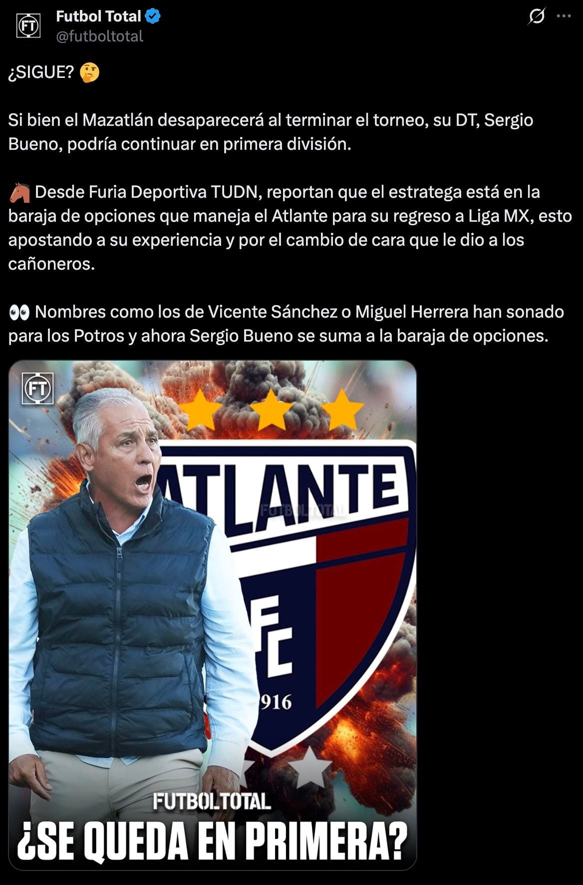 Sergio Bueno apunta a ser el DT del Atlante en la Liga MX.