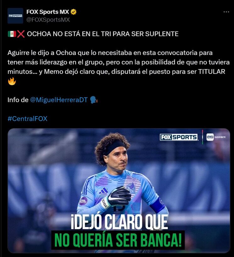 Memo Ochoa quiere ser titular.