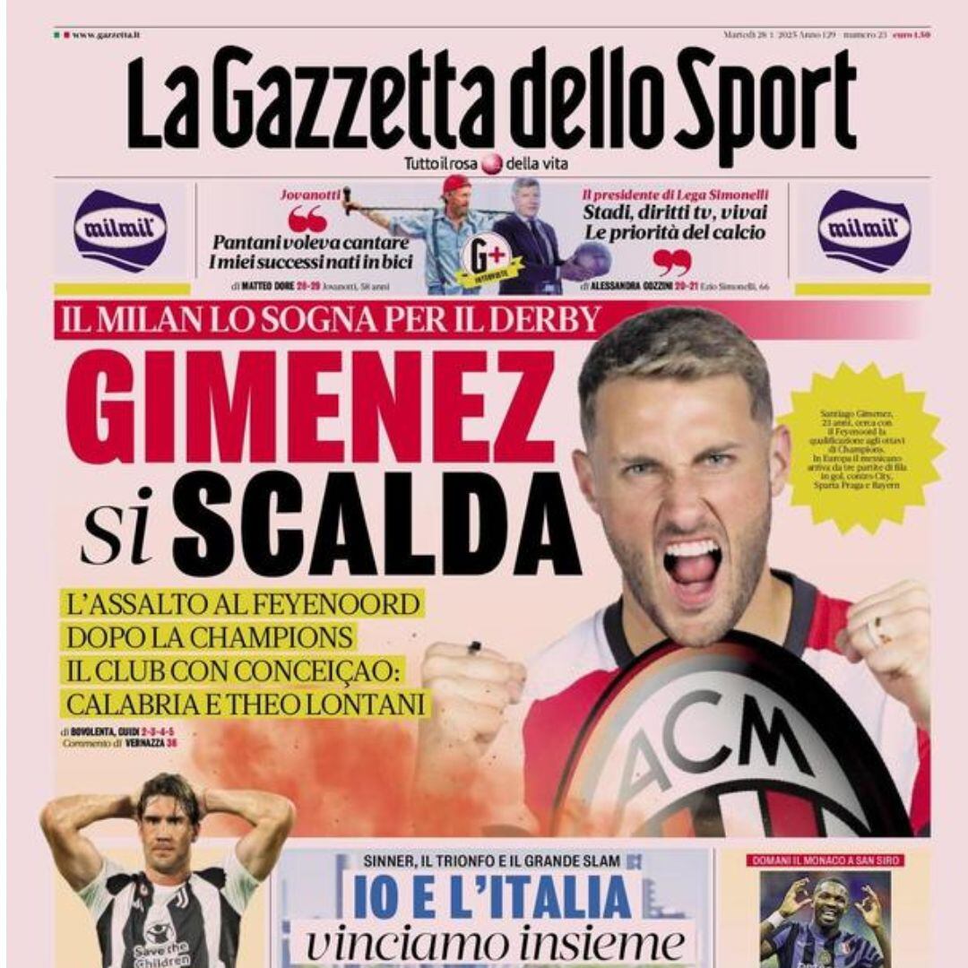 Portada de la Gazzetta dello Sport sobre Santiago Giménez.