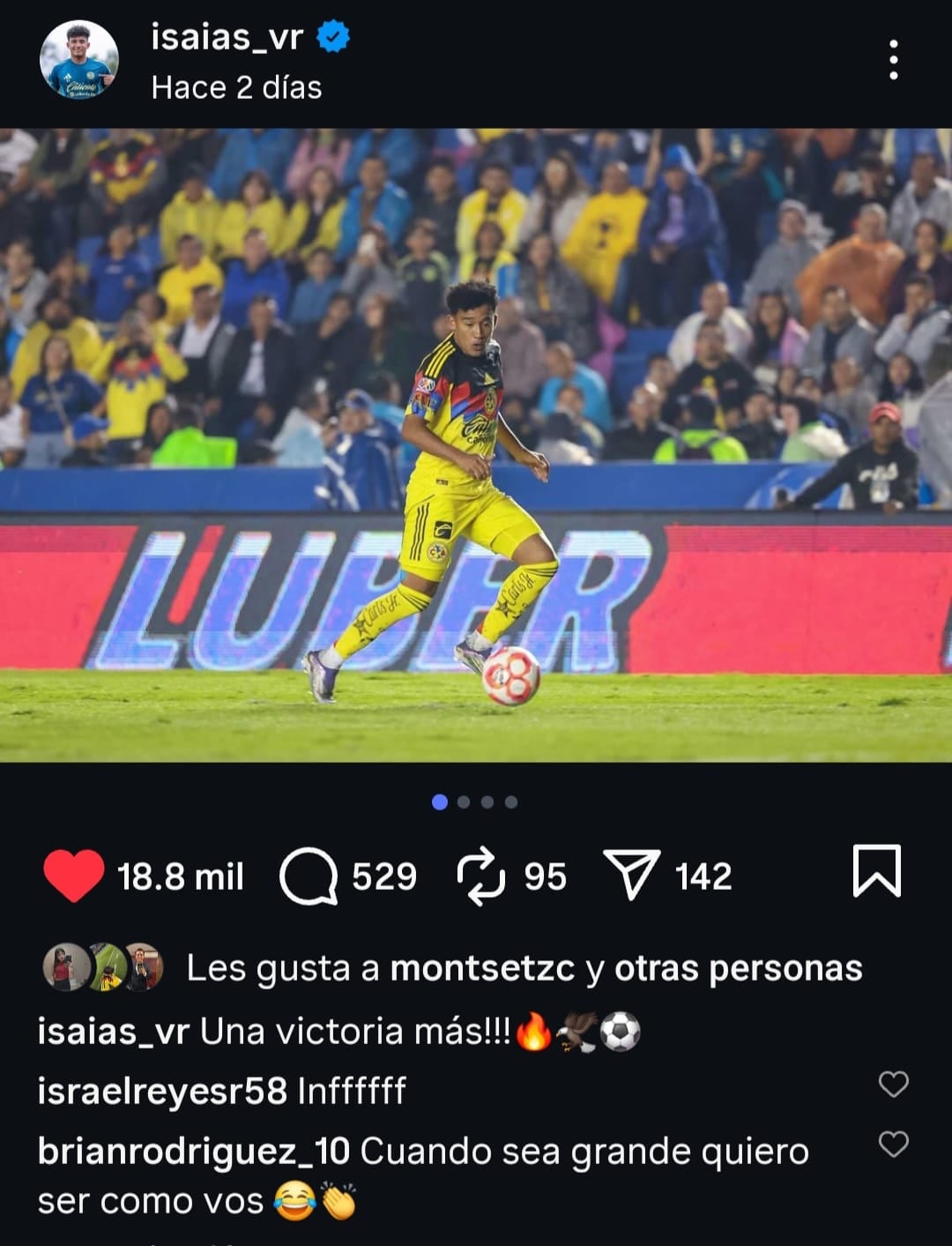 Brian Rodríguez fue uno de los jugadores de América que comentó en el Instagram de Isaías Violante