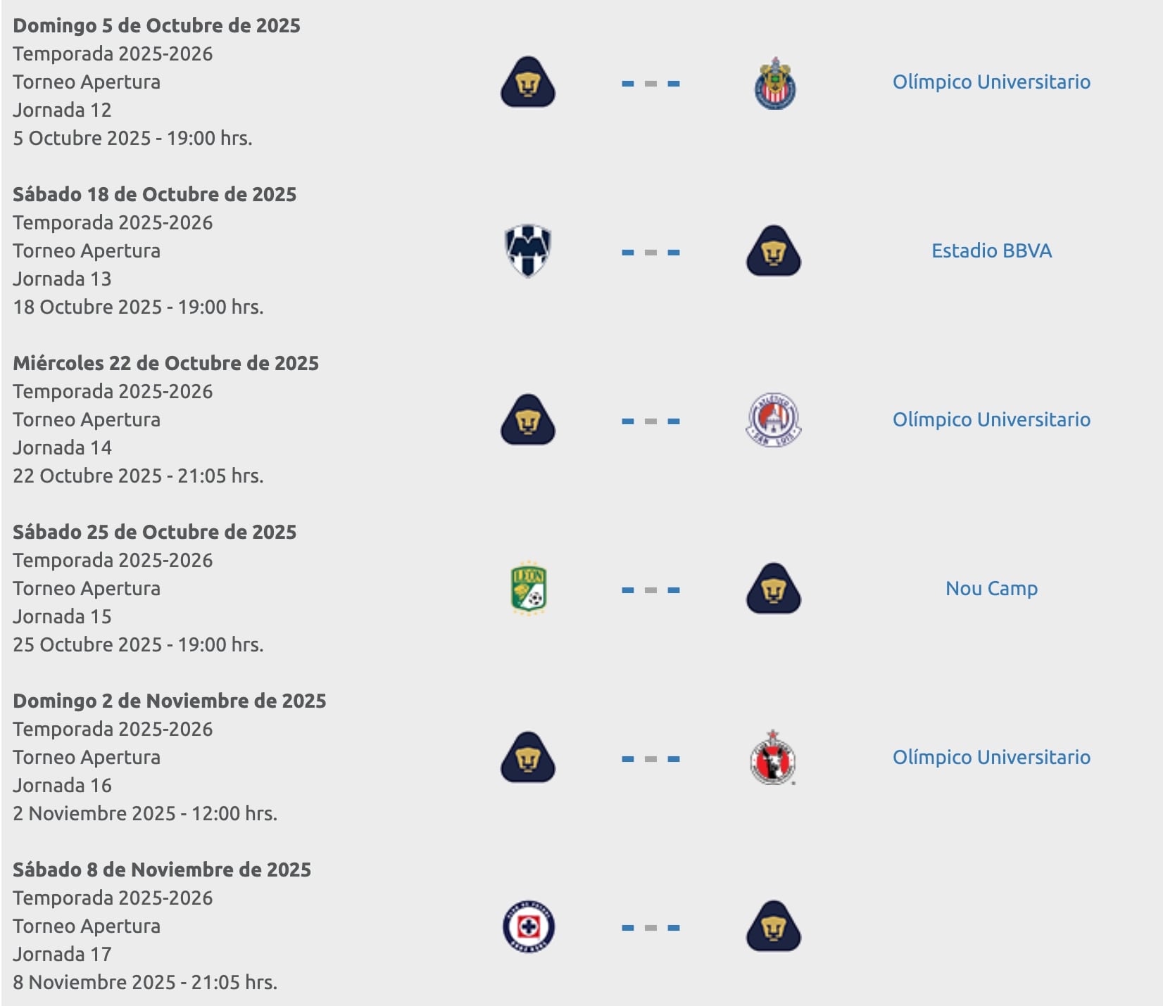 Los rivales que le quedan a Pumas en el cierre del Apertura 2025