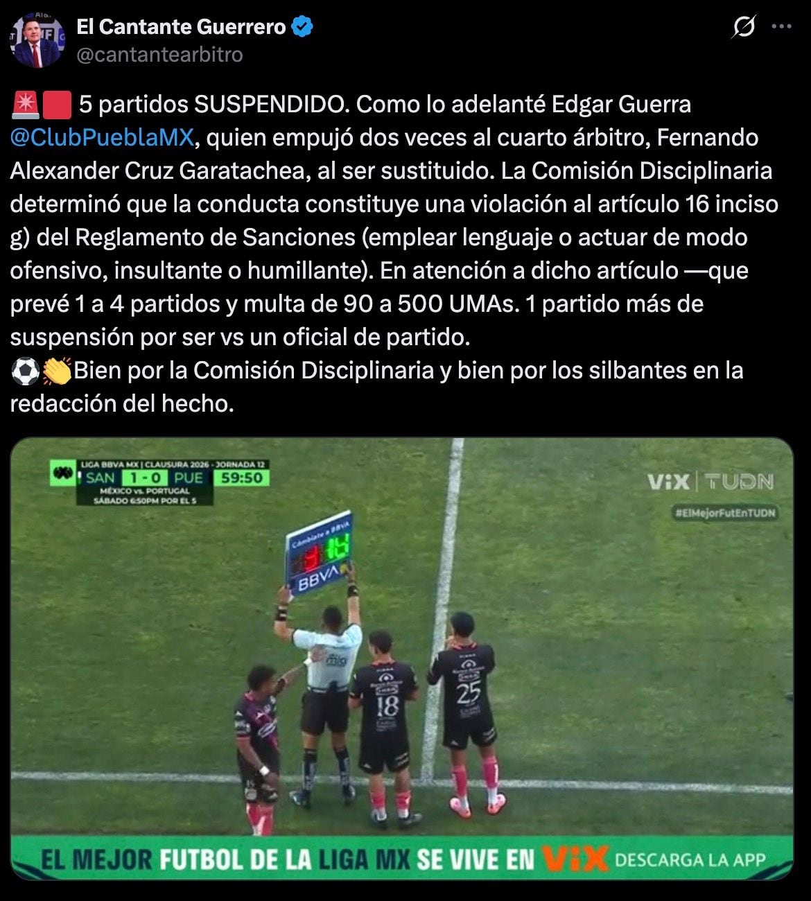 Édgar Guerra se pierde el Clausura 2026 con Puebla tras agresión a un árbitro.
