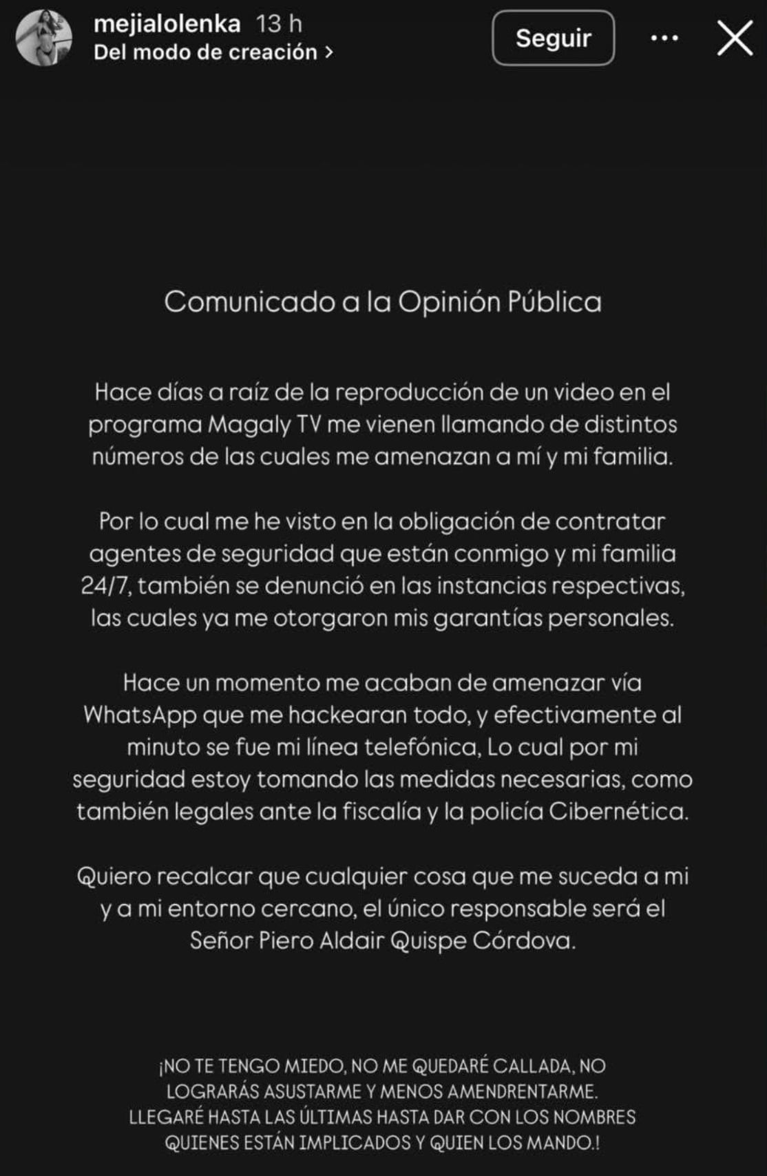 Comunicado de Olenka Mejía