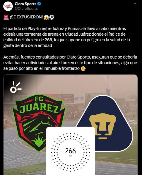 266 ICAS fueron los putos marcados en la calidad del aire durante el juego entre FC Juárez y Pumas.