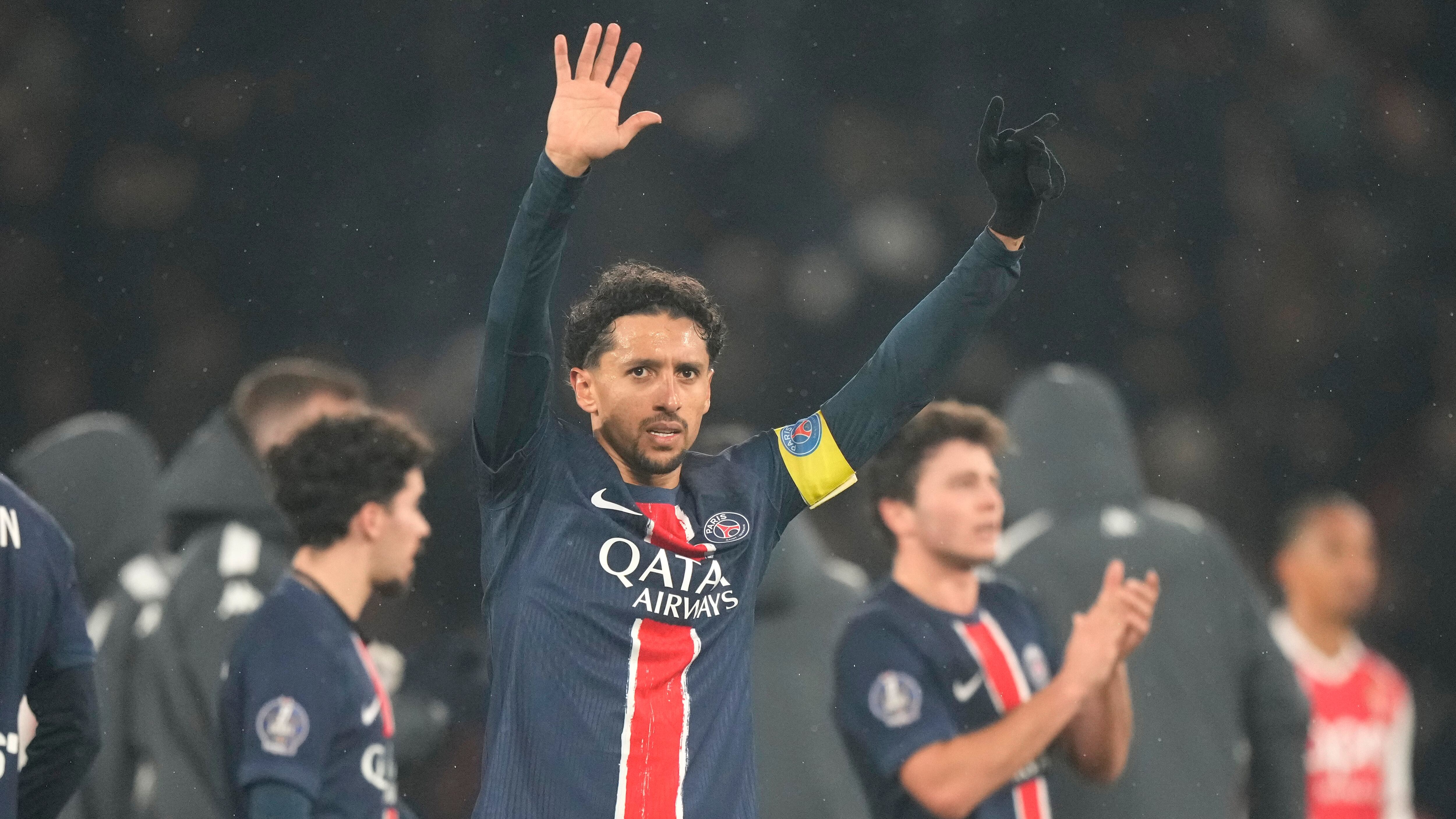 PSG's Marquinhos greets fans after the French League One soccer match between Paris Saint-Germain and Monaco at Parc des Princes stadium in Paris, Friday, Feb. 7, 2025. (AP Photo/Michel Euler)