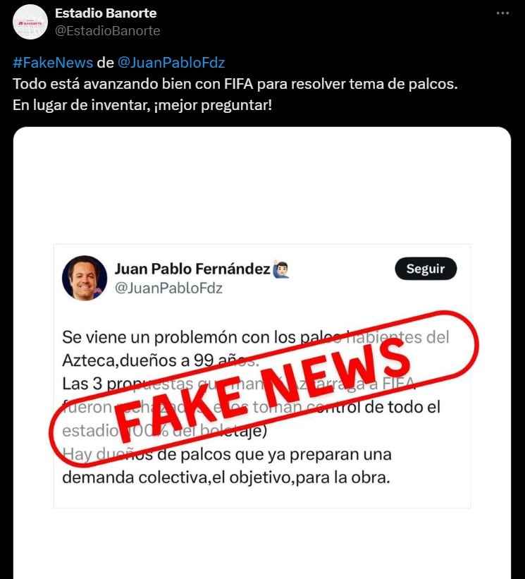 Estadio Azteca revienta a hijo de José Ramón Fernández por propagar “fake news”