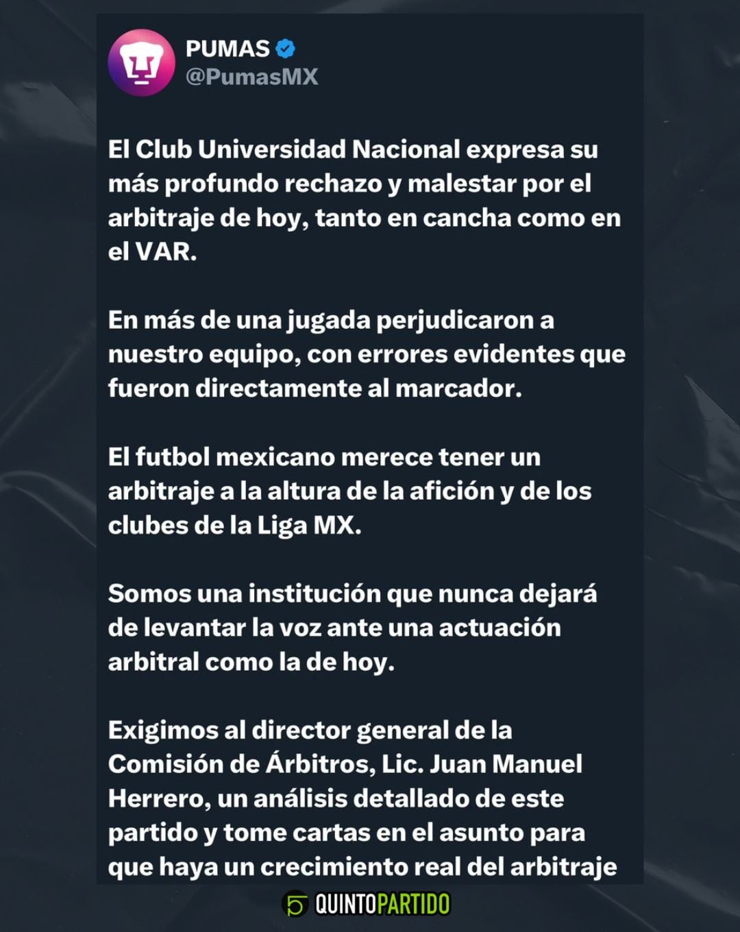 Comunicado de Pumas contra el arbitraje.