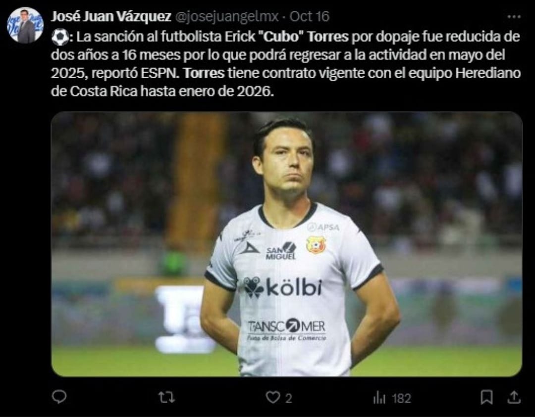 Bajan sanción al Cubo Torres.
