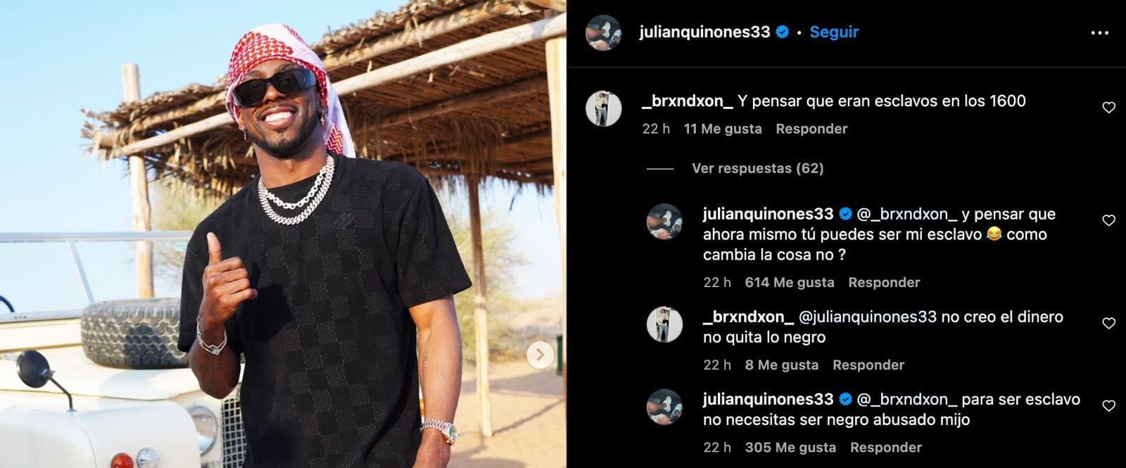 Respuesta de Julián Quiñones a un comentario racista
