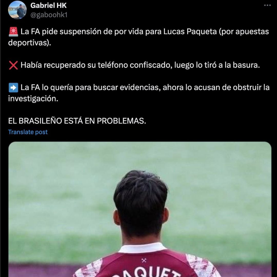 La FA podría retirar a Lucas Paquetá por estar metido en el mundo de las apuestas.