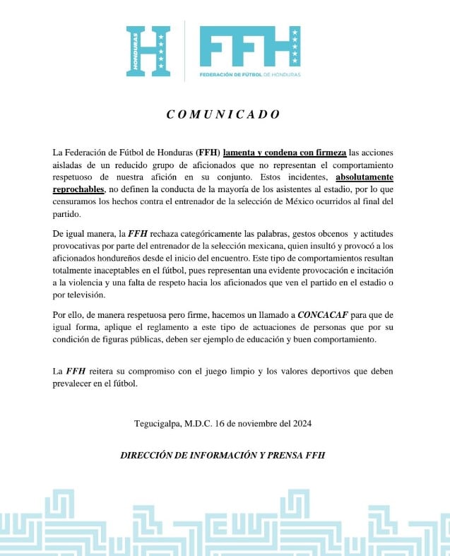 Comunicado de la Federación de Honduras