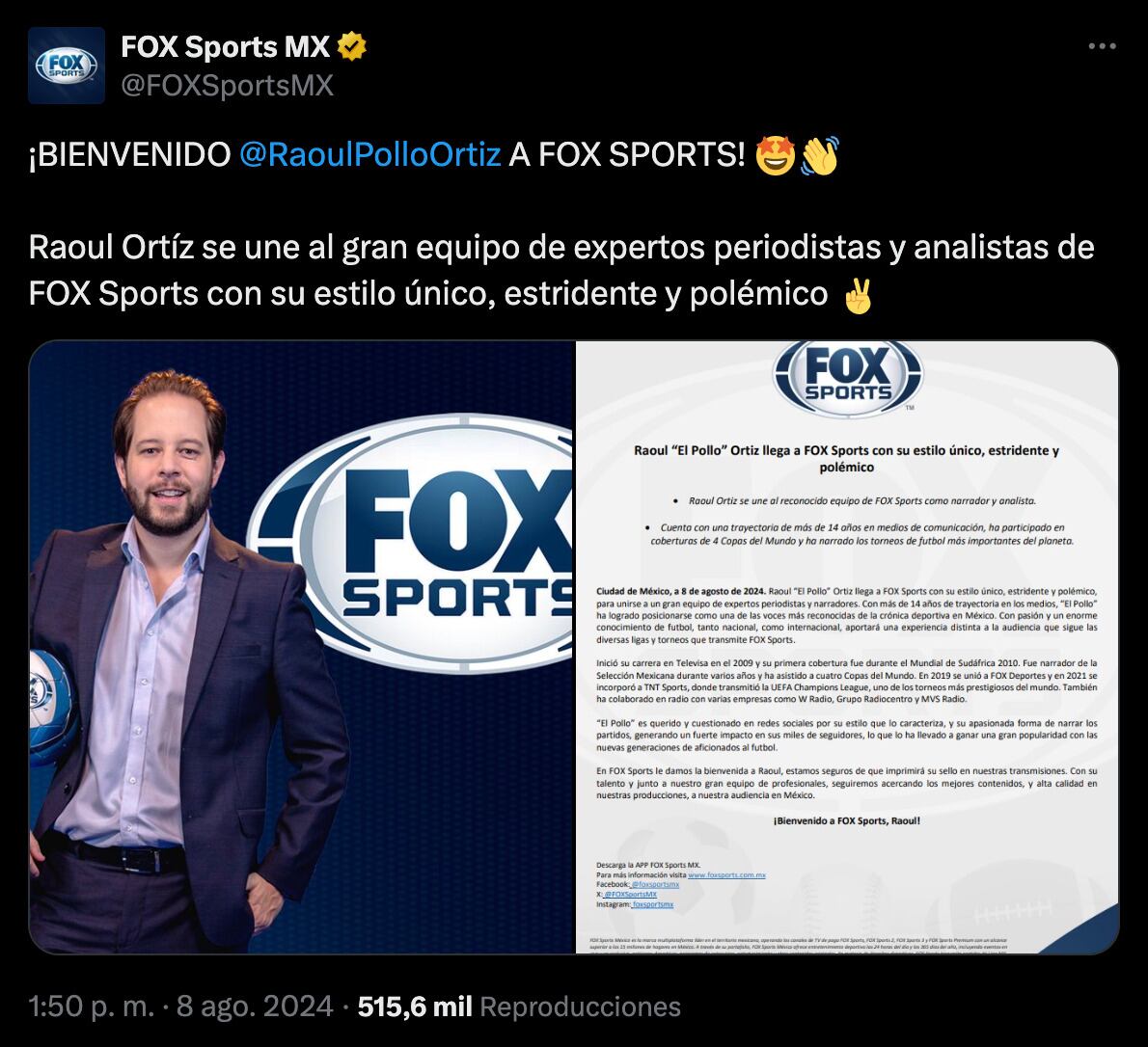 Raoul Ortiz regresa a Fox Sports