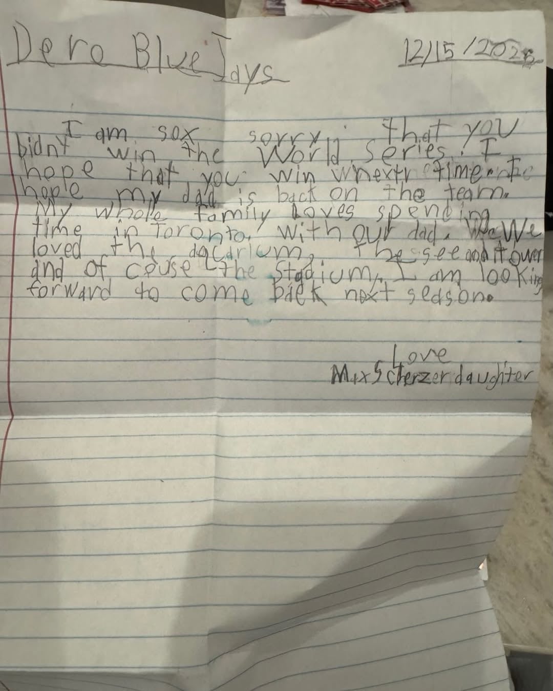 Carta de la hija de Max Scherzer a Blue Jays