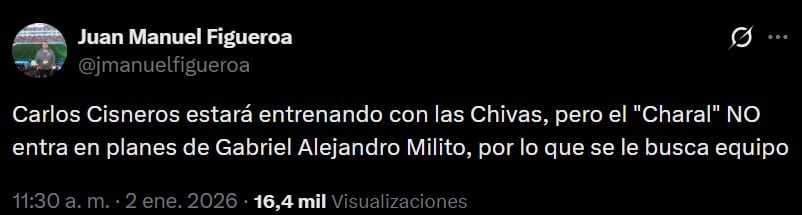 Carlos Cisneros no entra en planes de Gabriel Milito