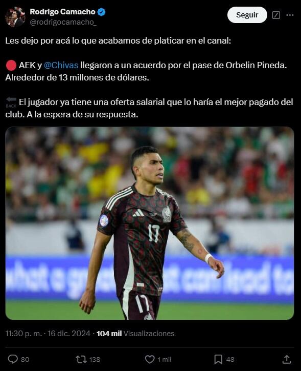 Orbelín Pineda será el jugador mejor pagado de Chivas