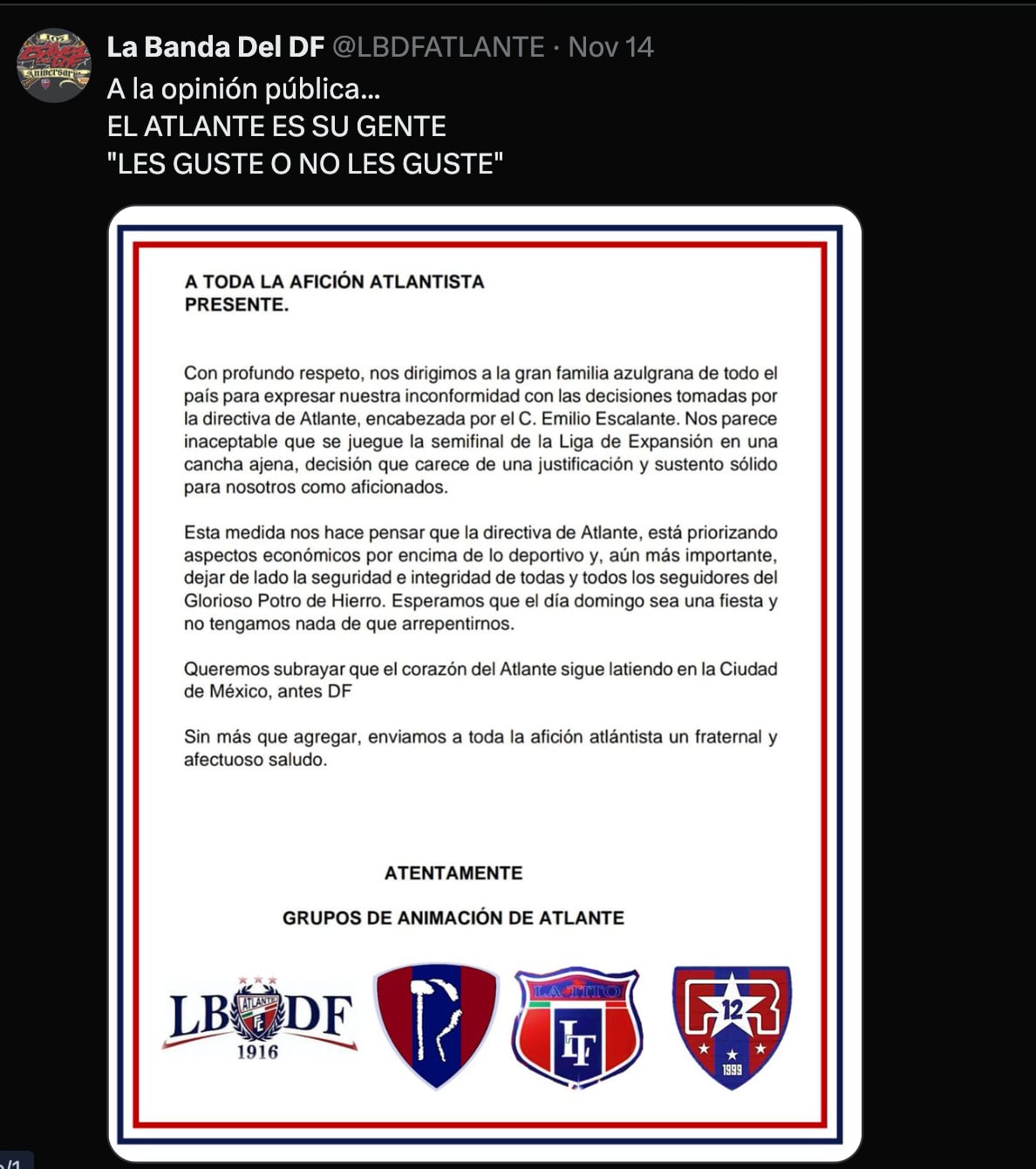 Comunicado de La Banda del DF sobre el cambio de sede para el partido del Atlante vs Celaya