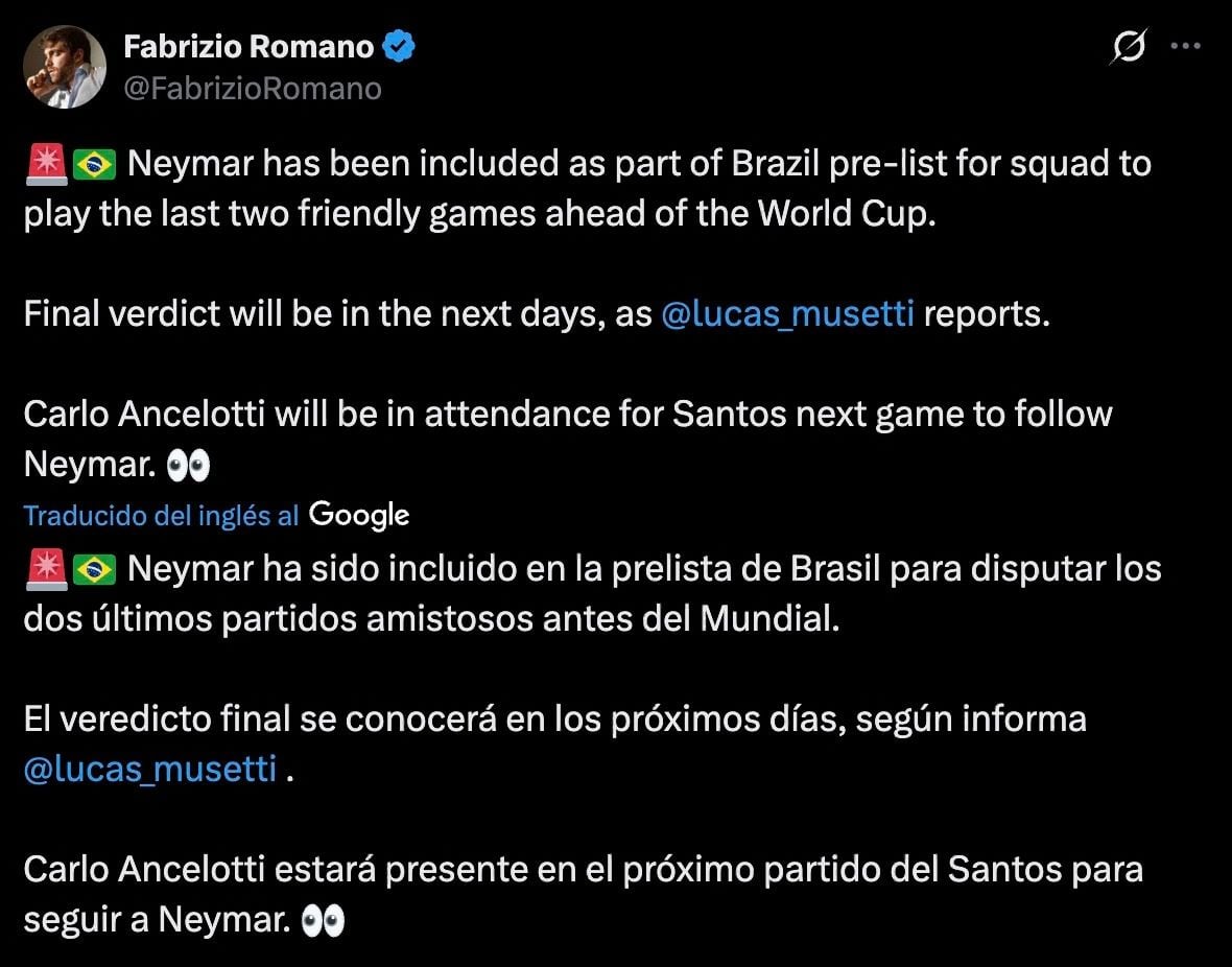 Neymar vuelve a los planes de Ancelotti para los amistosos de Brasil.