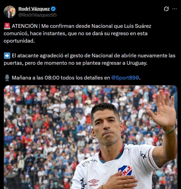 Luis Suárez no planea regresar a Uruguay de momento