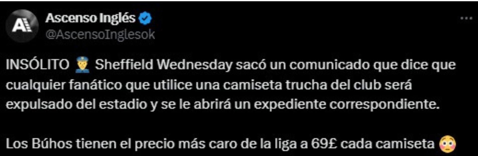 Sheffield Wednesday expulsará a sus fans del estadio si usan playeras piratas.