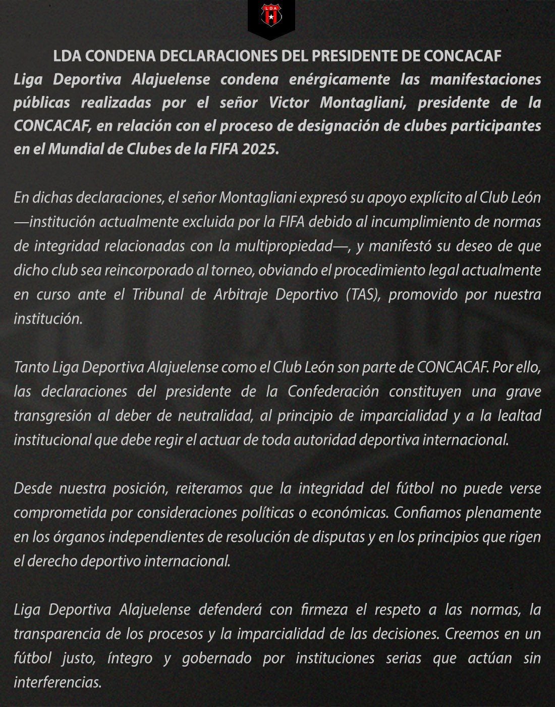 Comunicado del Alajuelense contra el presidente de la Concacaf.