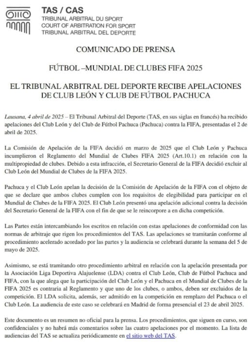 Comunicado del TAS
