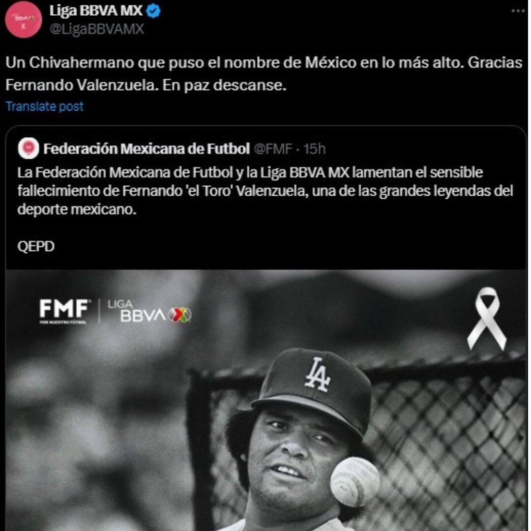 Publicación de la Liga MX sobre Fernando Valenzuela.