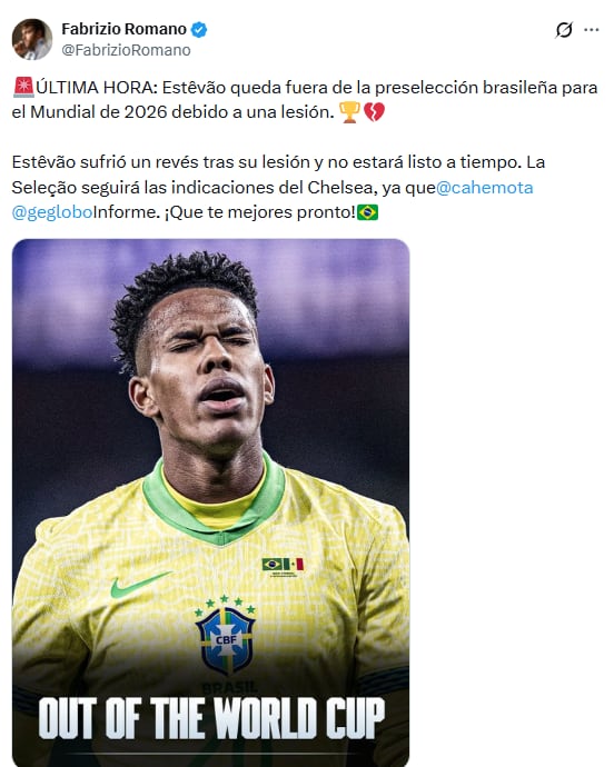 Estevao se pierde el Mundial 2026 con la Selección de Brasil.