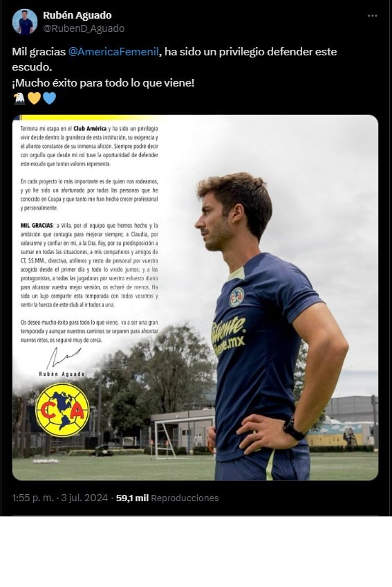 Rubén Aguado sale del América Femenil.
