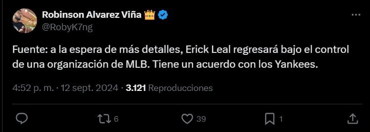 Erick Leal cerca de llegar a Yankees.