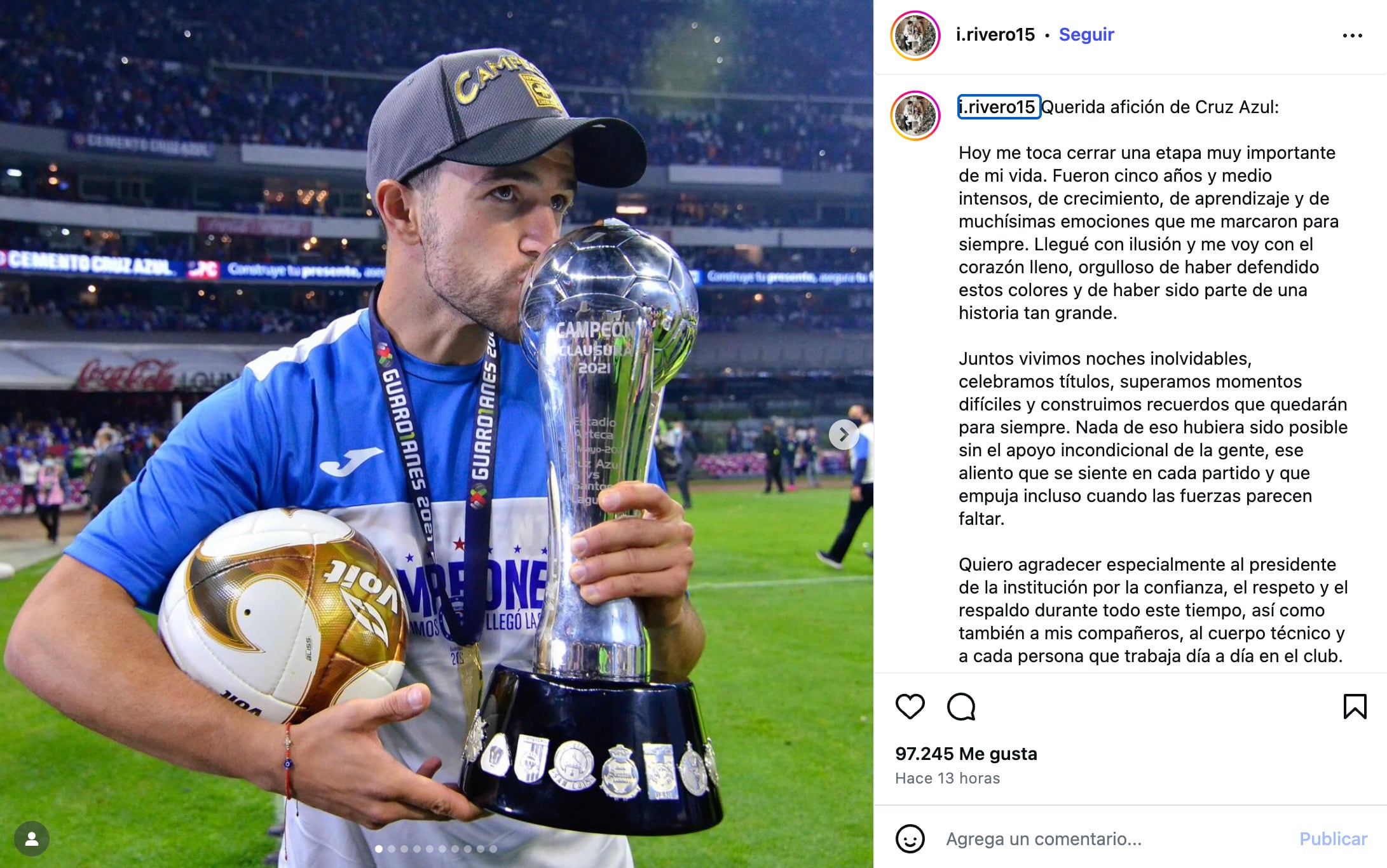 La emotiva carta de Nacho Rivero a la afición del Cruz Azul