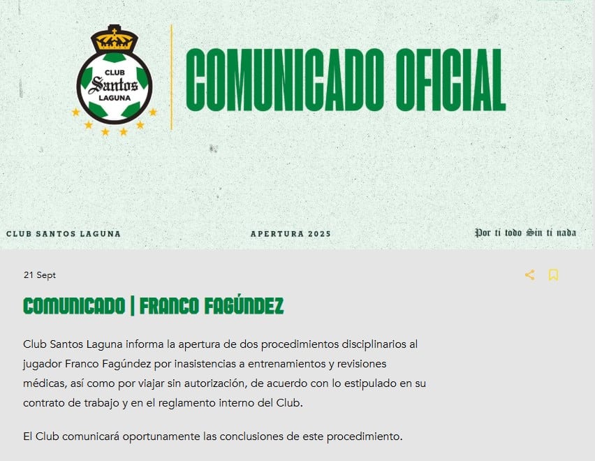 Comunicado Santos Laguna