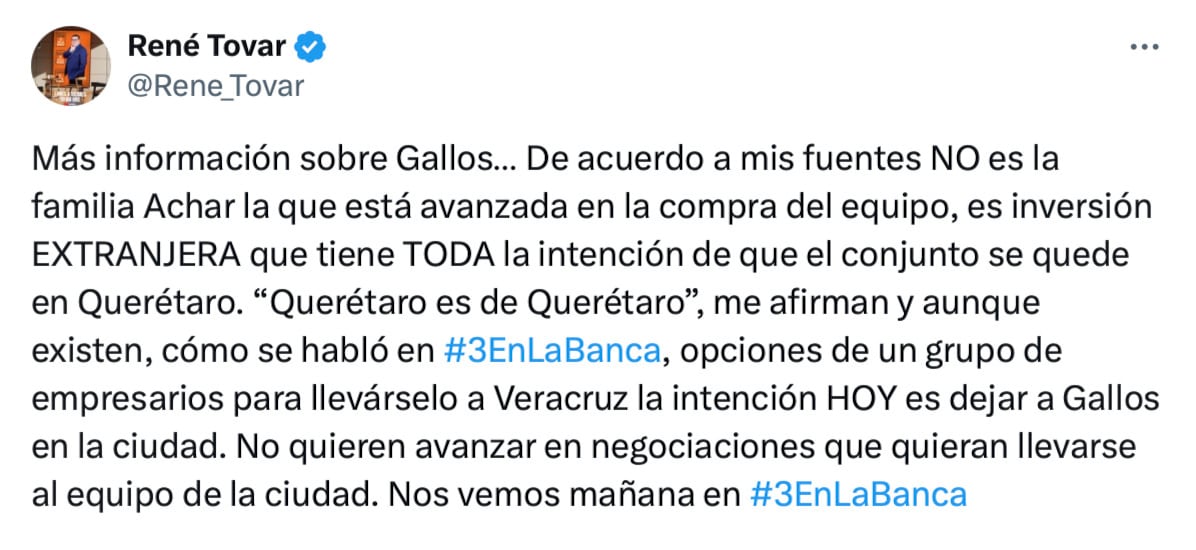René Tovar asegura que la prioridad es dejar a Gallos en Querétaro