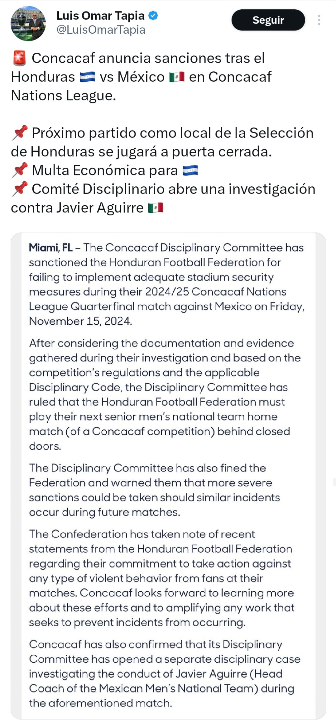 Sanciones para Honduras e investigación para Javier Aguirre